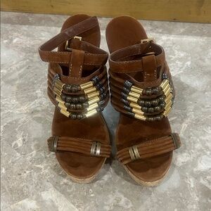 Tory Burch Brown and Gold Beaded Sandals